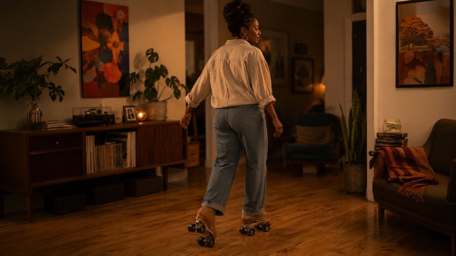 Adult Black woman roller skating through a warm, lived-in living room, viewed from behind. She wears a cream linen shirt, cuffed denim jeans, and tan