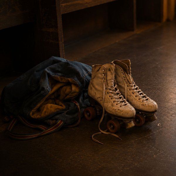 Pair of cream high-top quad roller skates with brown wheels resting on a wood floor beside a vintage blue denim skate bag with a striped strap. One sk